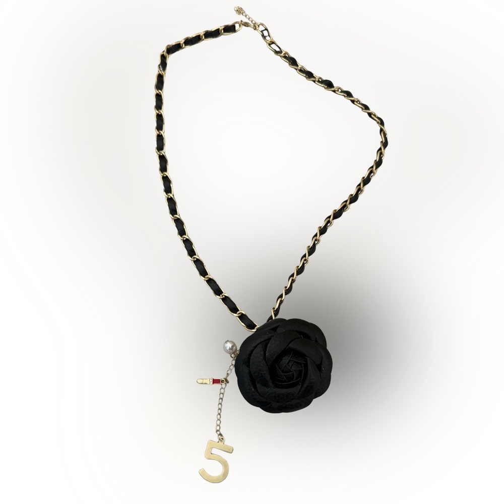 Black Camellia Flower Necklace with Gold Chain & Charms | Chic Statement
